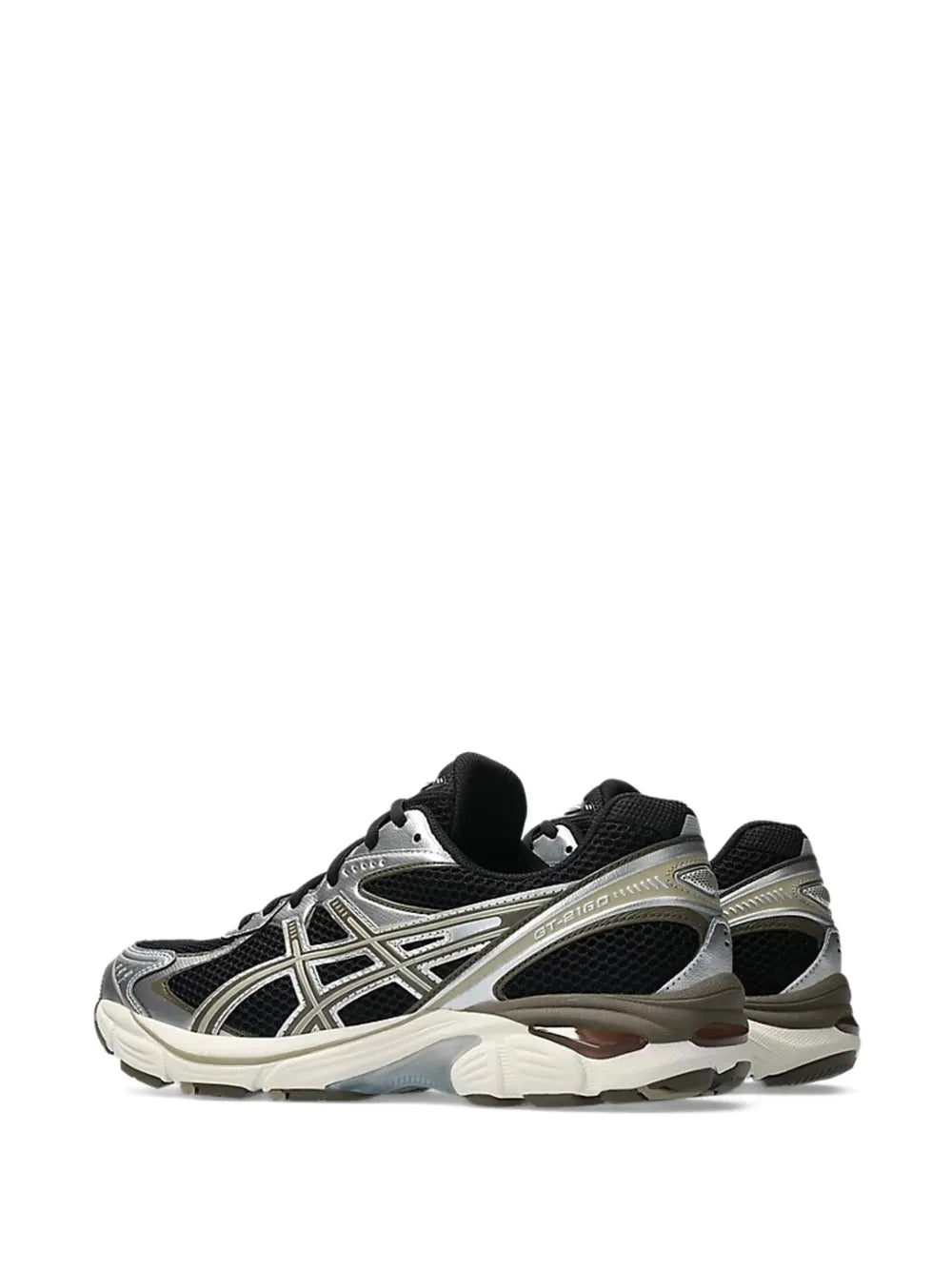 Black and silver running sneakers, rear 3/4 view, grippy rubber sole