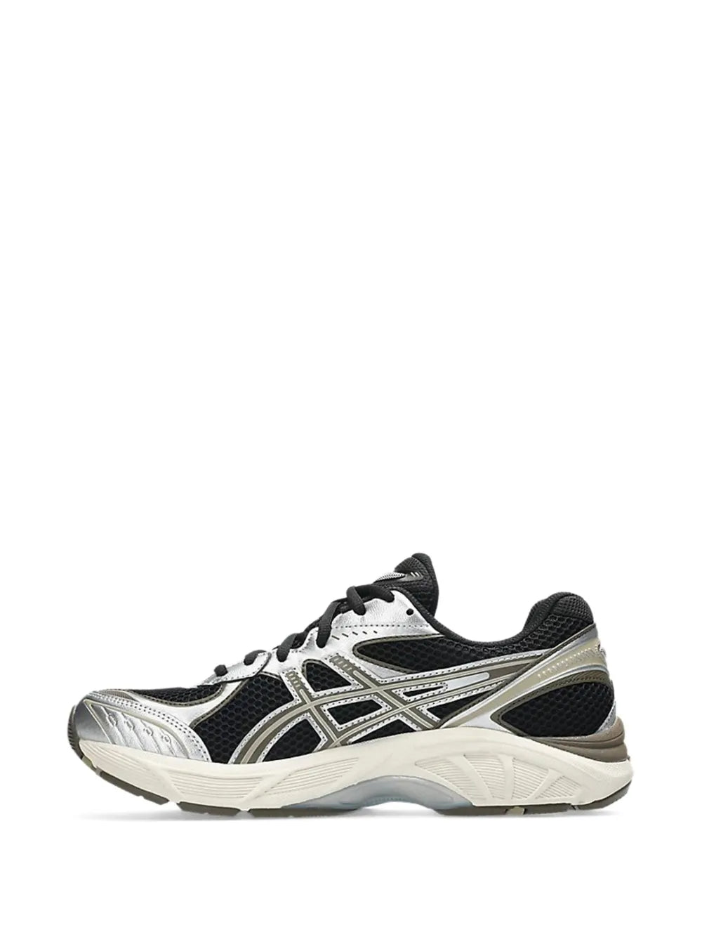 Black and silver running sneakers, side profile, black laces and white midsole