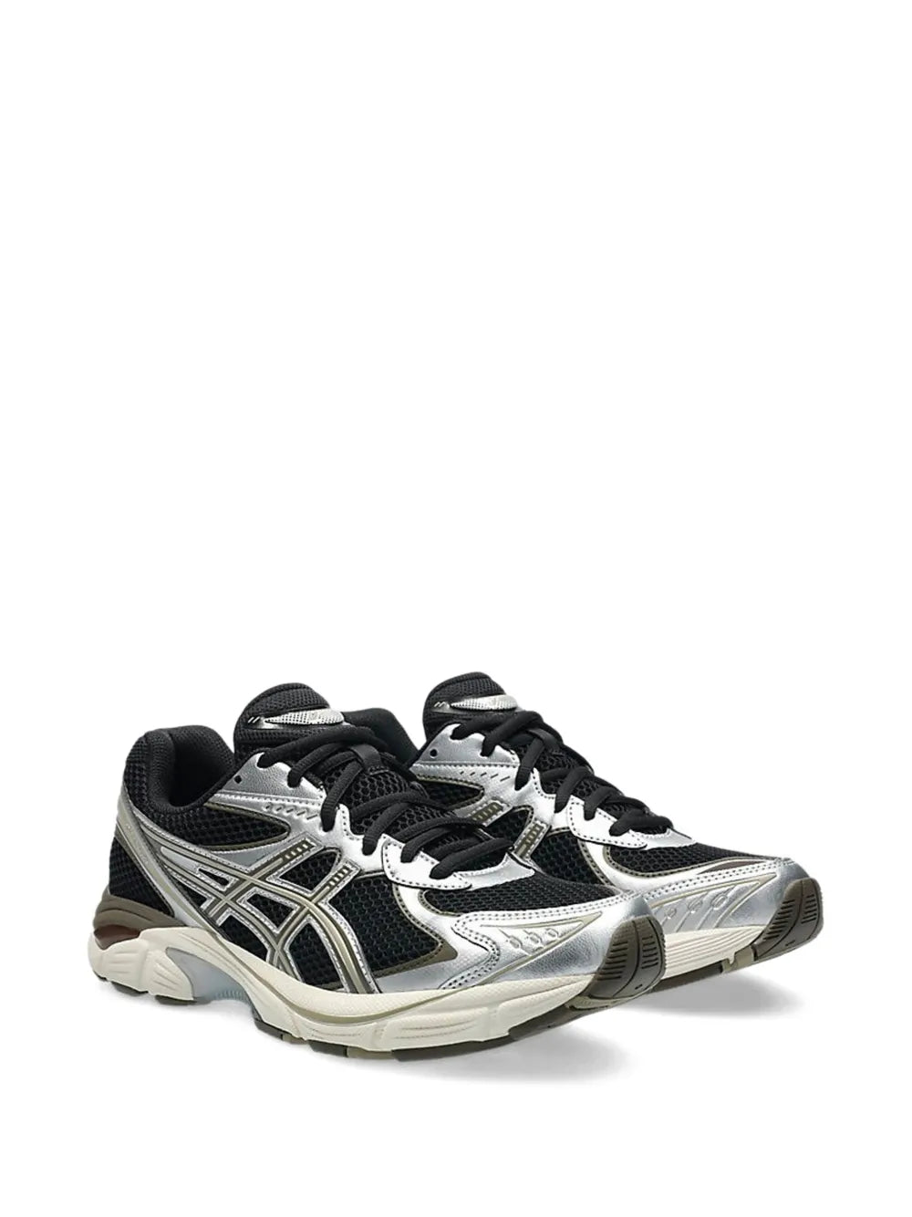 Black and silver running sneakers, 3/4 view, black mesh upper and white midsole