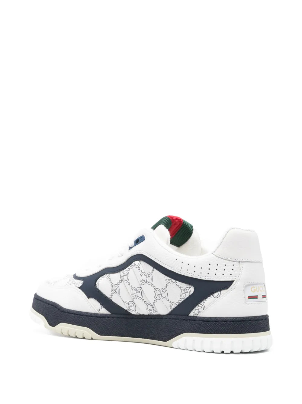 Gucci logo-pattern sneakers, white with gray logo canvas, navy trim, and heel tab