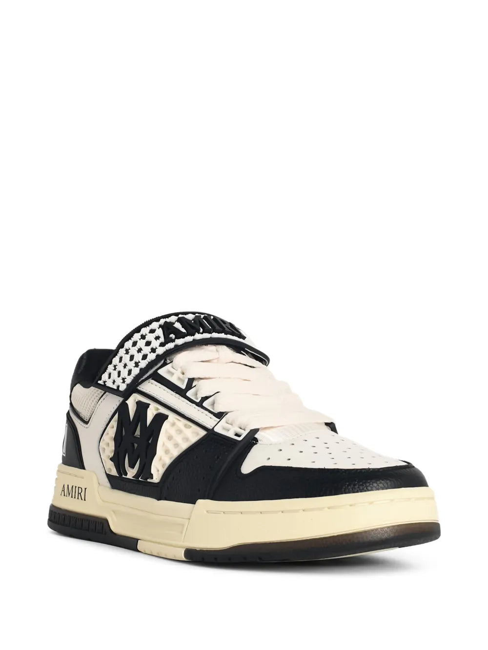 Amiri leather sneakers, side view with black logo panel and patterned tongue strap