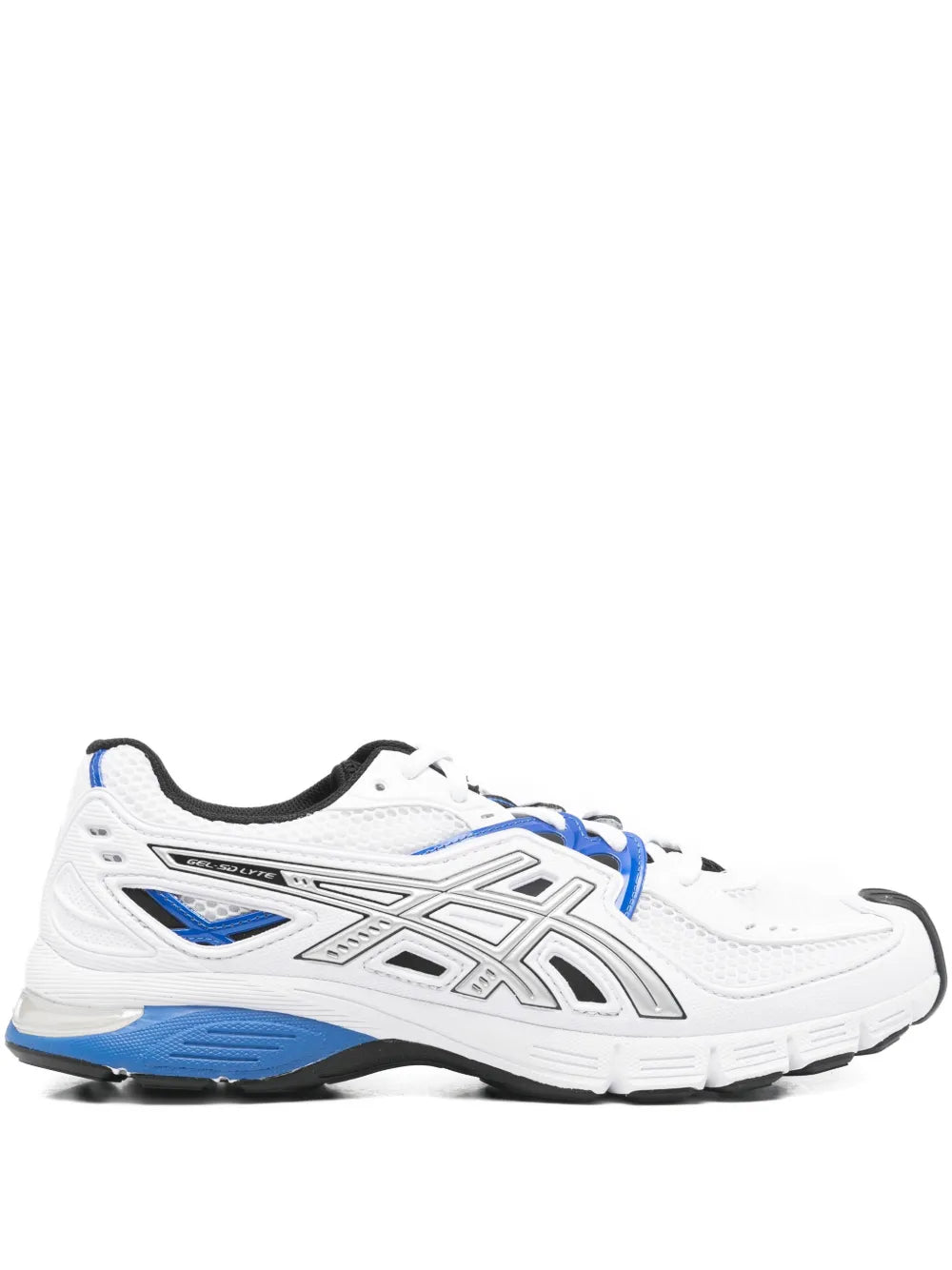 White Asics Gel-Sd-Lyte logo sneakers with blue accents, side view