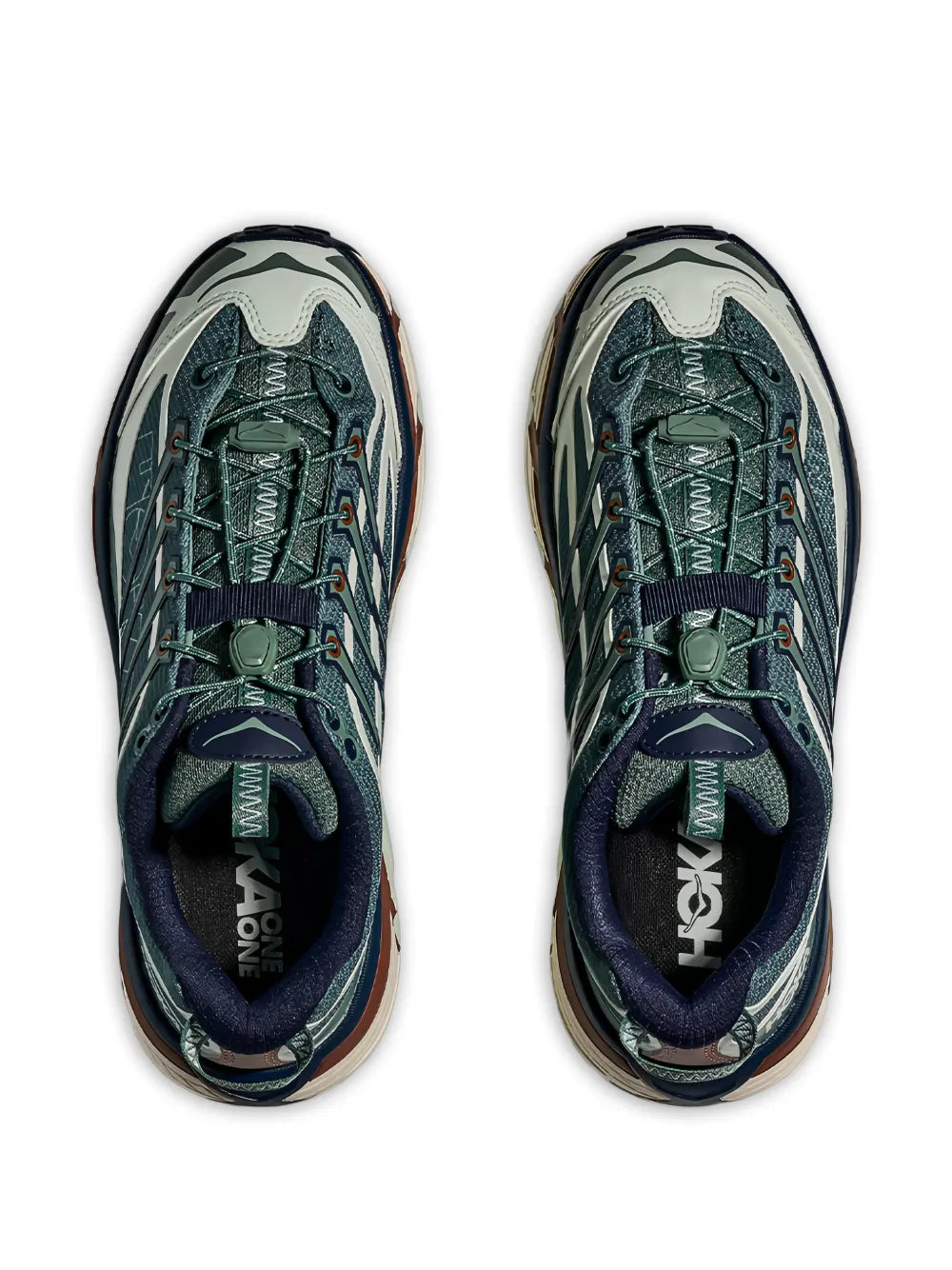 Pair of teal and dark blue lace-up sneakers with HOKA wordmark and rugged sole detail