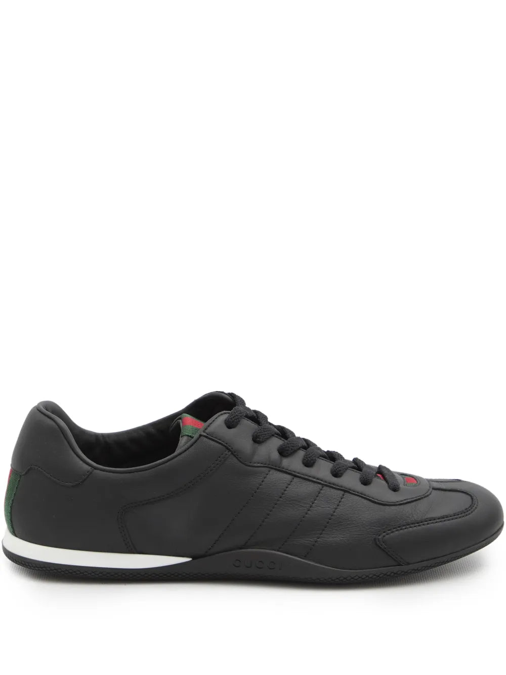 Gucci black leather round-toe lace-up sneakers with web stripe and white rubber sole