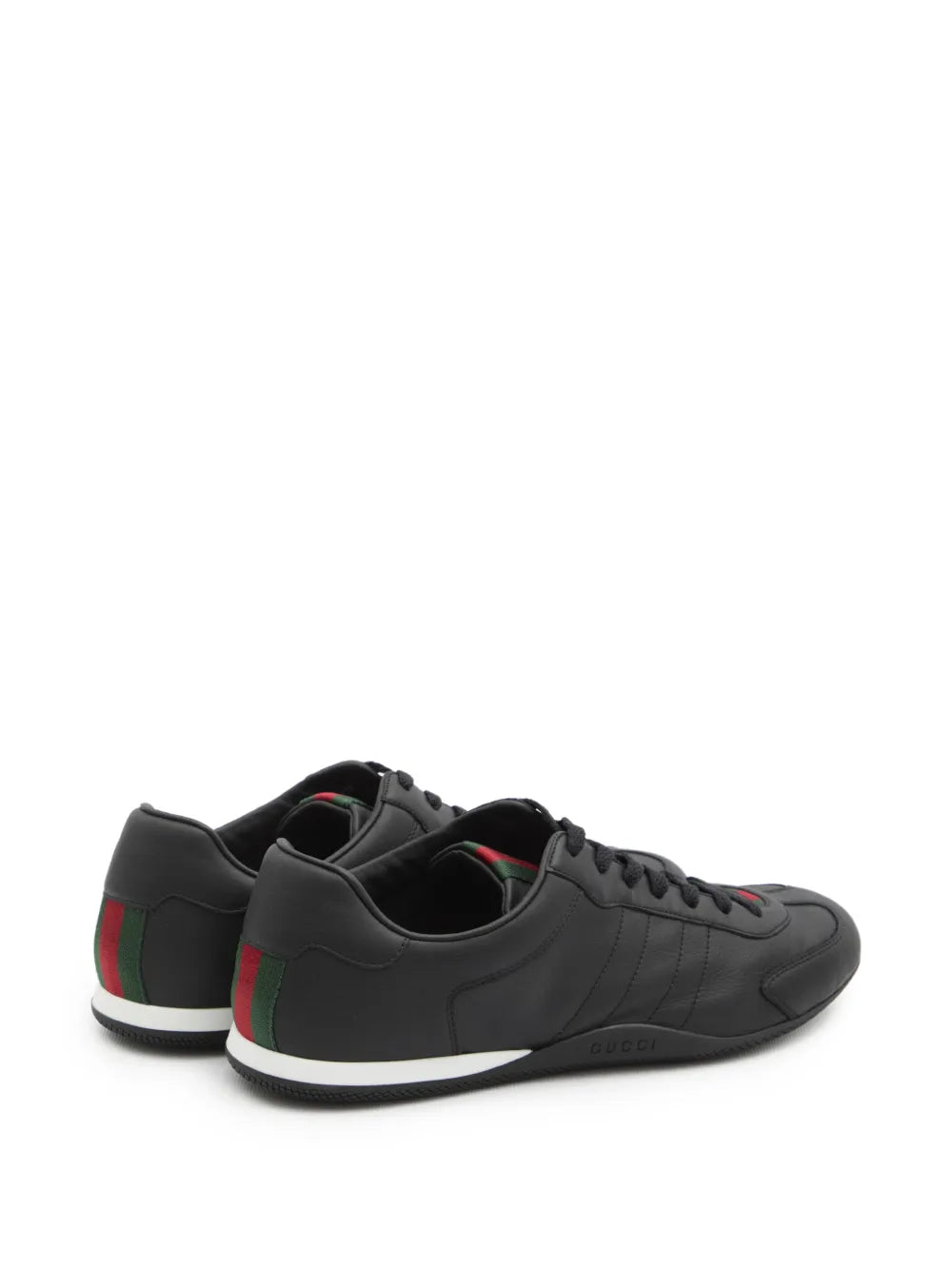 Gucci black round-toe lace-up sneakers, heel and side web stripe, white rubber sole