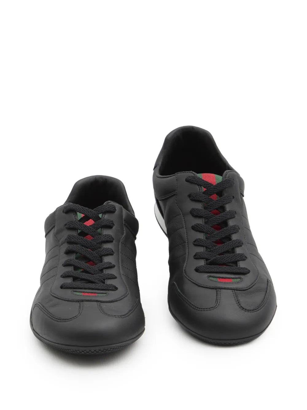 Gucci black leather round-toe sneakers with lace-up closure and green/red accents