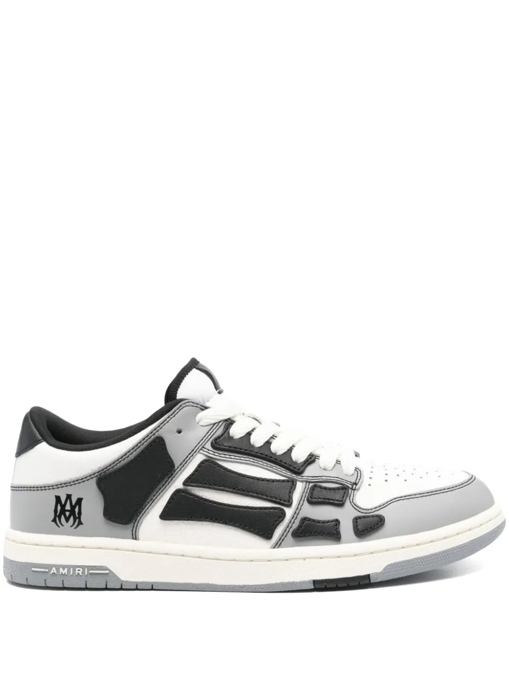 Amiri varsity skel sneakers in white with black and grey panels, lace-up low-top