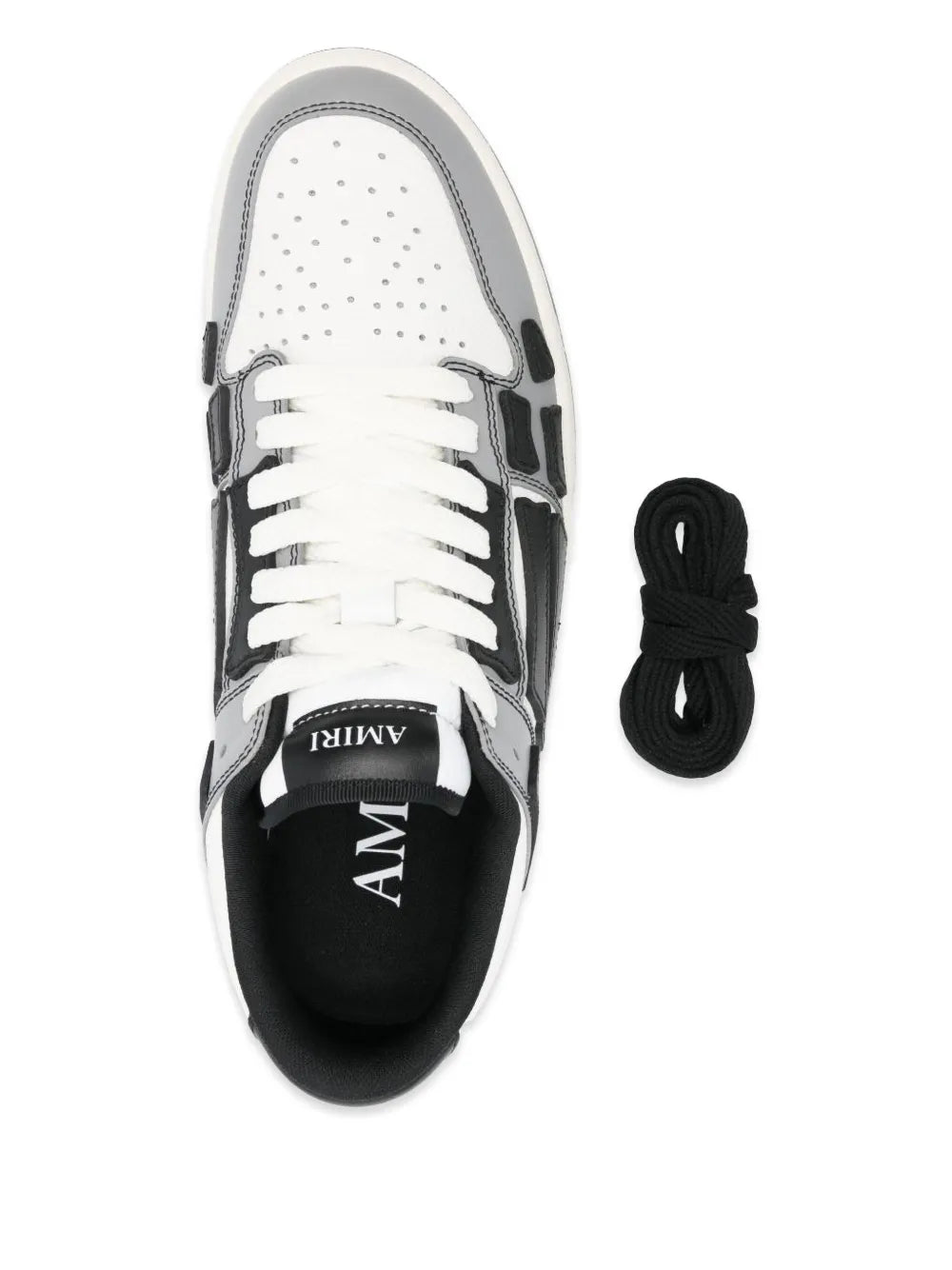 Amiri white leather sneakers with black tongue label, lace-up and perforated toe