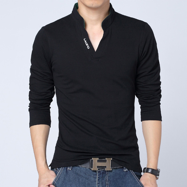 Men's black V-neck long-sleeve shirt with three-button placket