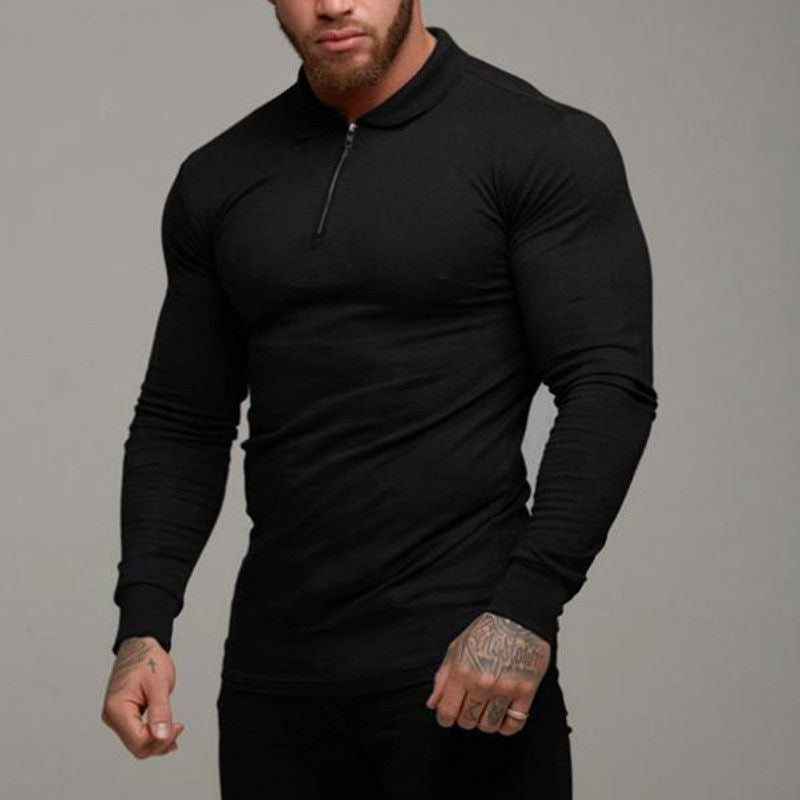Black long-sleeve polo shirt with half-zip placket