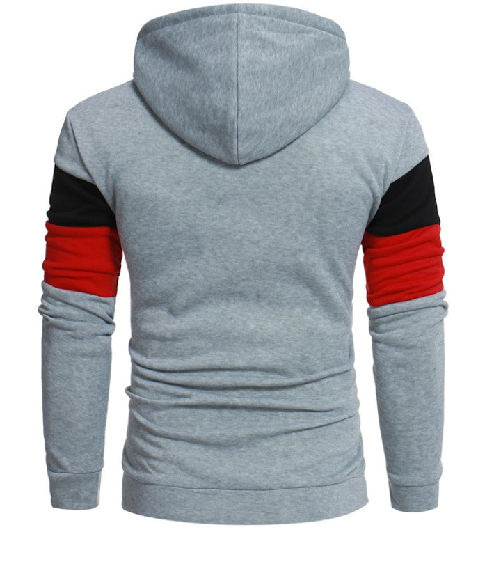 Men's color-block hoodie sweatshirt, heather gray with black shoulders and red sleeve bands