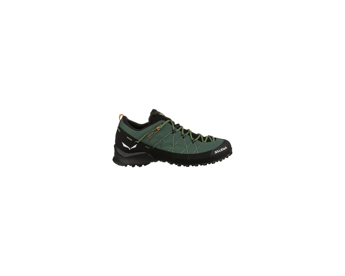 Men's trail shoe, raw green and black, lace-up profile view