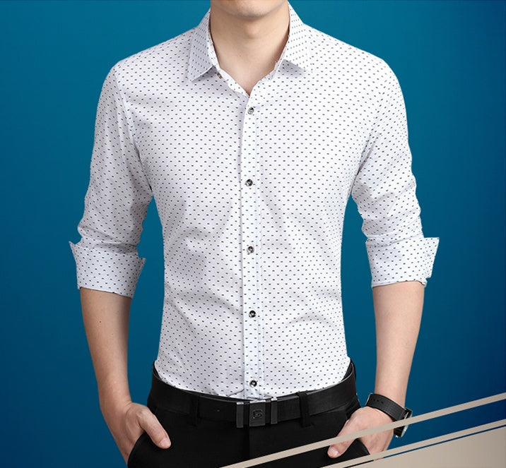 Men's dress shirt in white with small dot pattern, button-up placket and cuffs