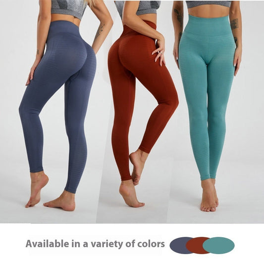 Women’s fitness leggings set: dark blue, caramel brown, and teal high-waist styles