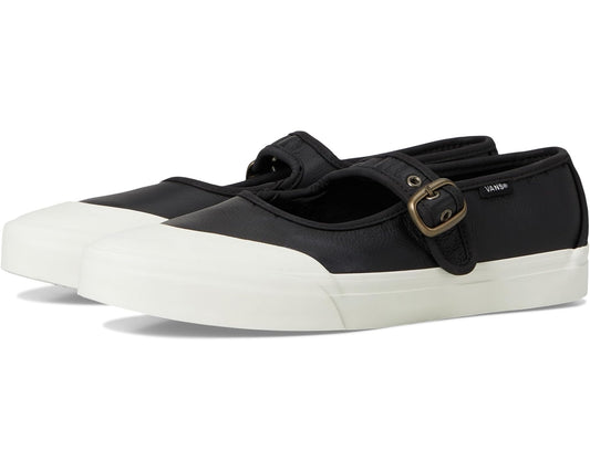 Black and white leather Mary Jane sneakers with buckle strap and padded collar