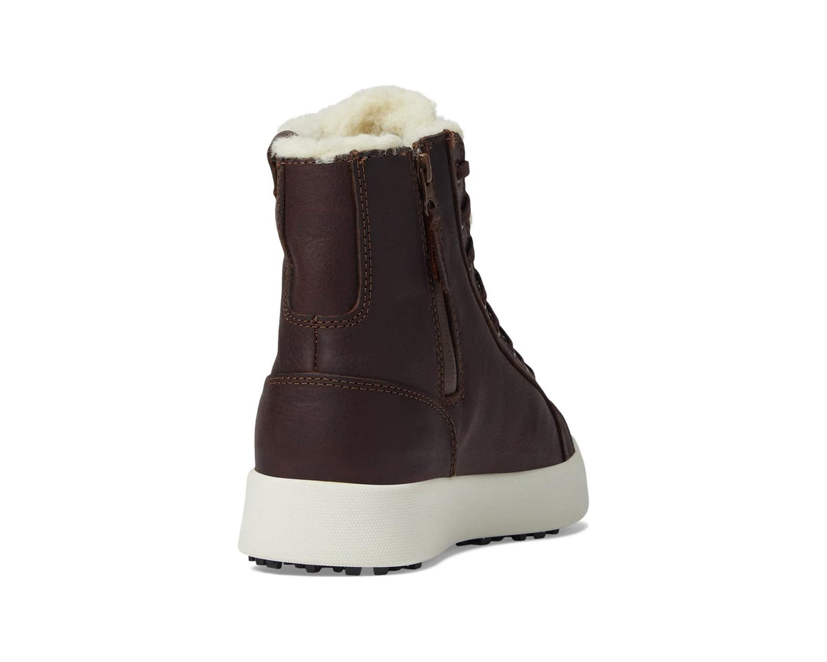 Brown lace-up boots with fur collar, side zipper, and white rubber sole