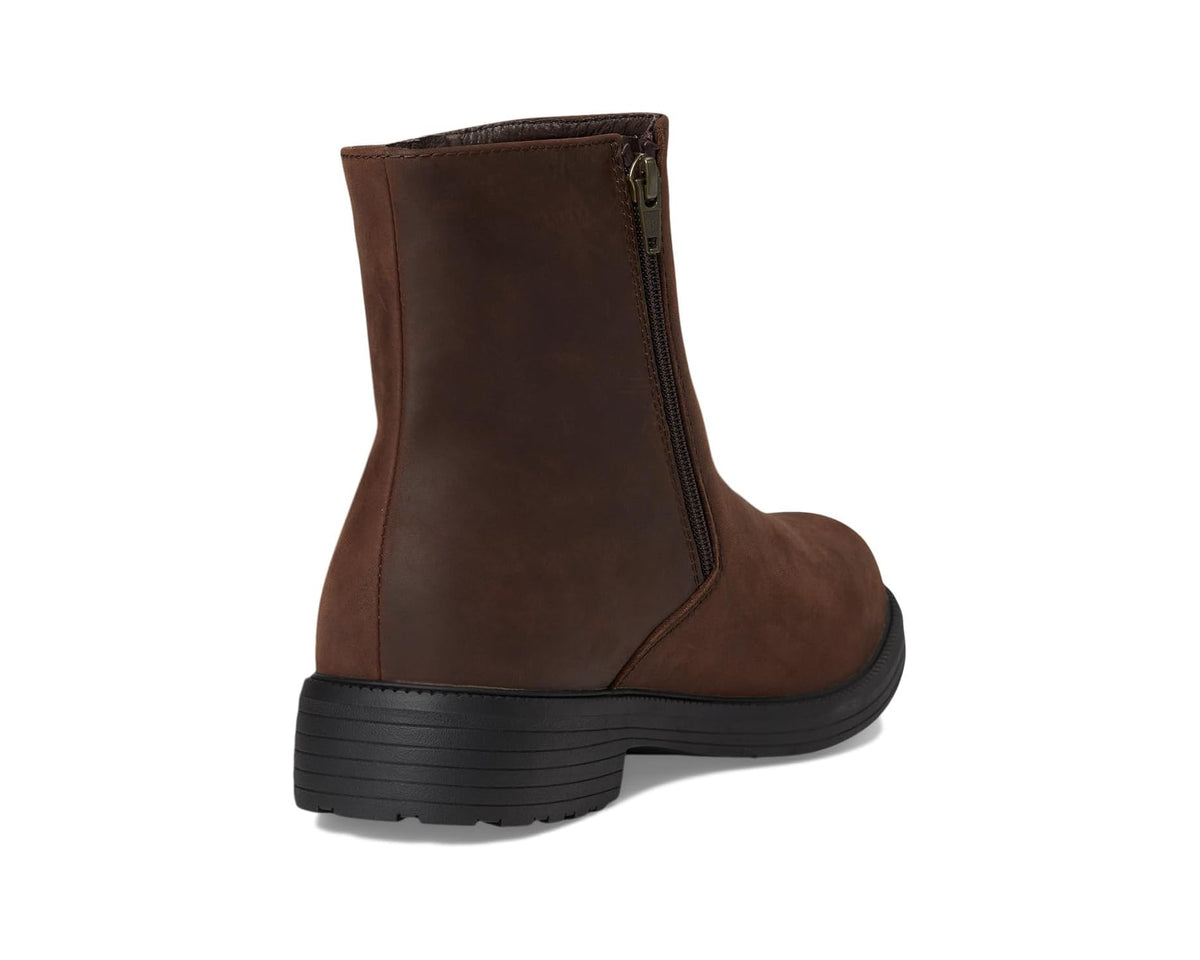 Brown suede ankle boot heel and side profile with zipper