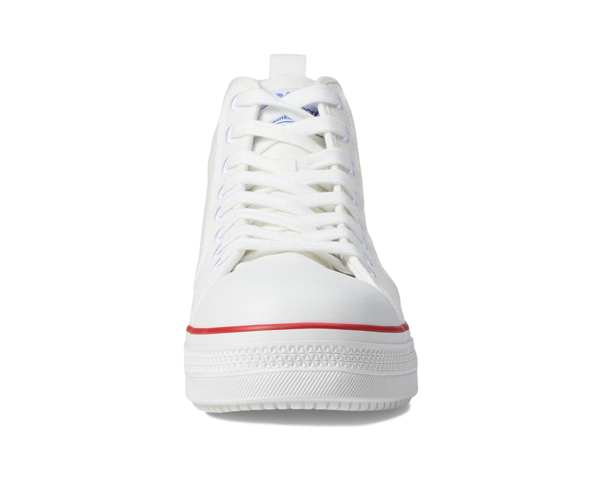 Unisex white mid-top safety sneaker front view with lace-up design and white rubber sole
