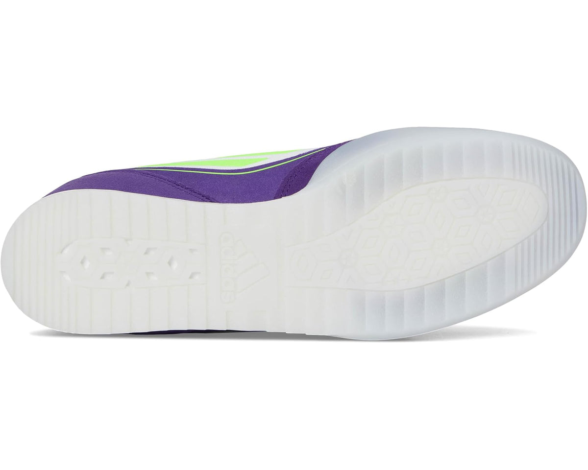 Indoor soccer cleat outsole view, white sole with purple heel and neon green trim