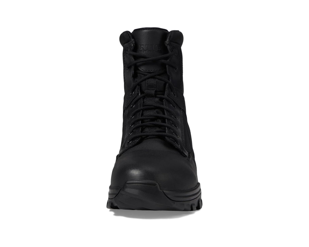 Black lace-up tactical boot, front view with padded tongue and eyelets