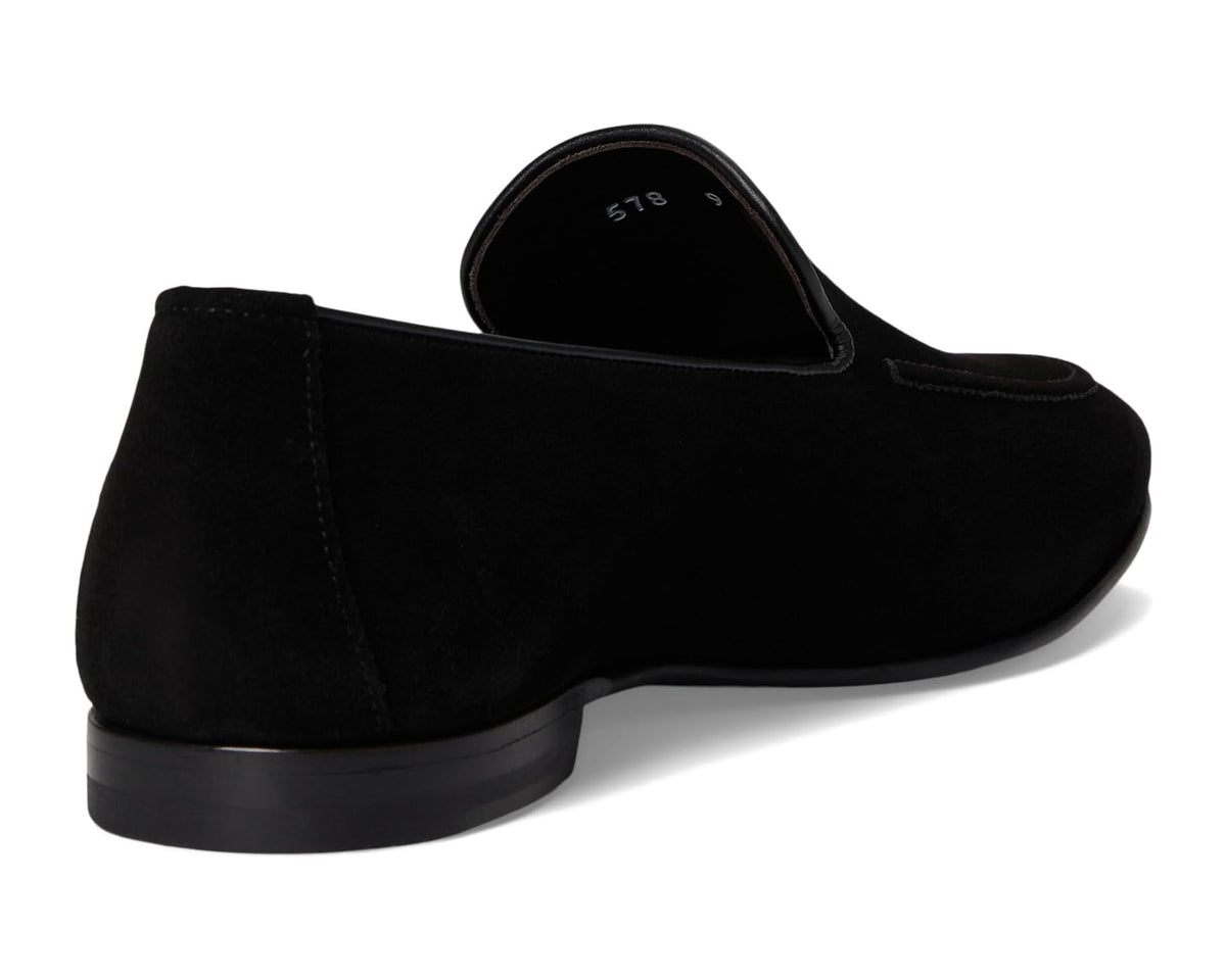 Men's black suede loafer back view with heel counter and slip-on opening