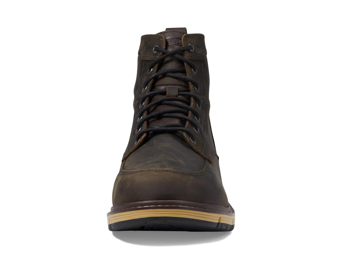 Brown lace-up waterproof work boot with padded collar and front toe profile
