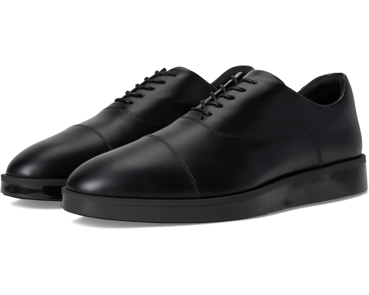Men's black leather oxford shoes, lace-up with stitched panels and flat rubber sole