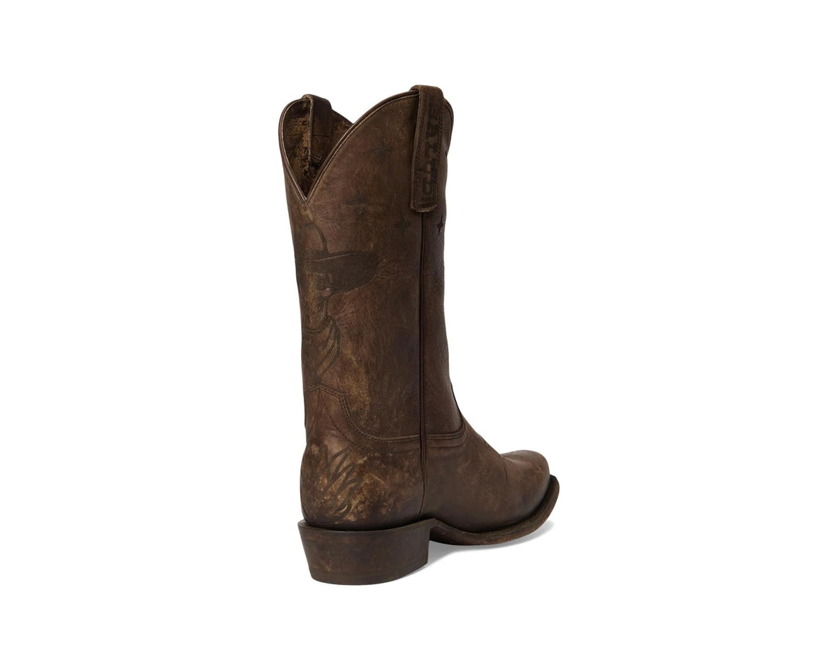 Men's Ariat stonewashed brown boots, rear view with pull tabs
