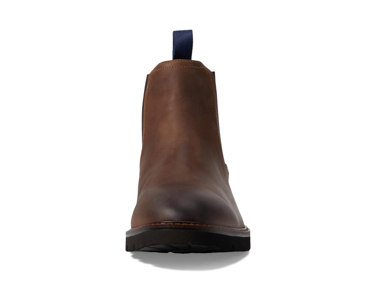 Men's brown leather gore chelsea boot, side view with elastic gore panel and pull loop