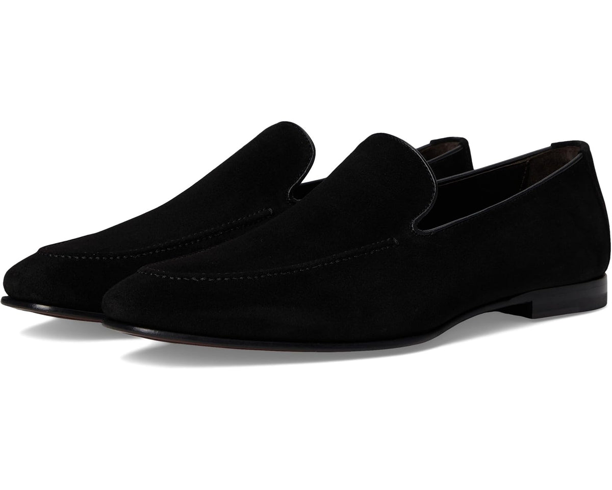 Men's black suede loafer with moc-style stitching and low block heel