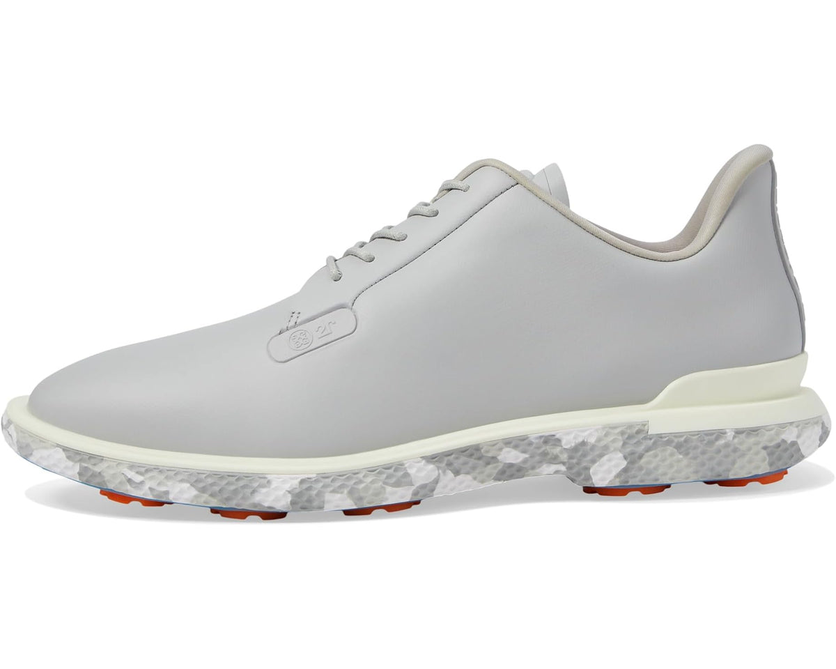Men's light gray golf shoe profile with lace-up closure and speckled traction sole