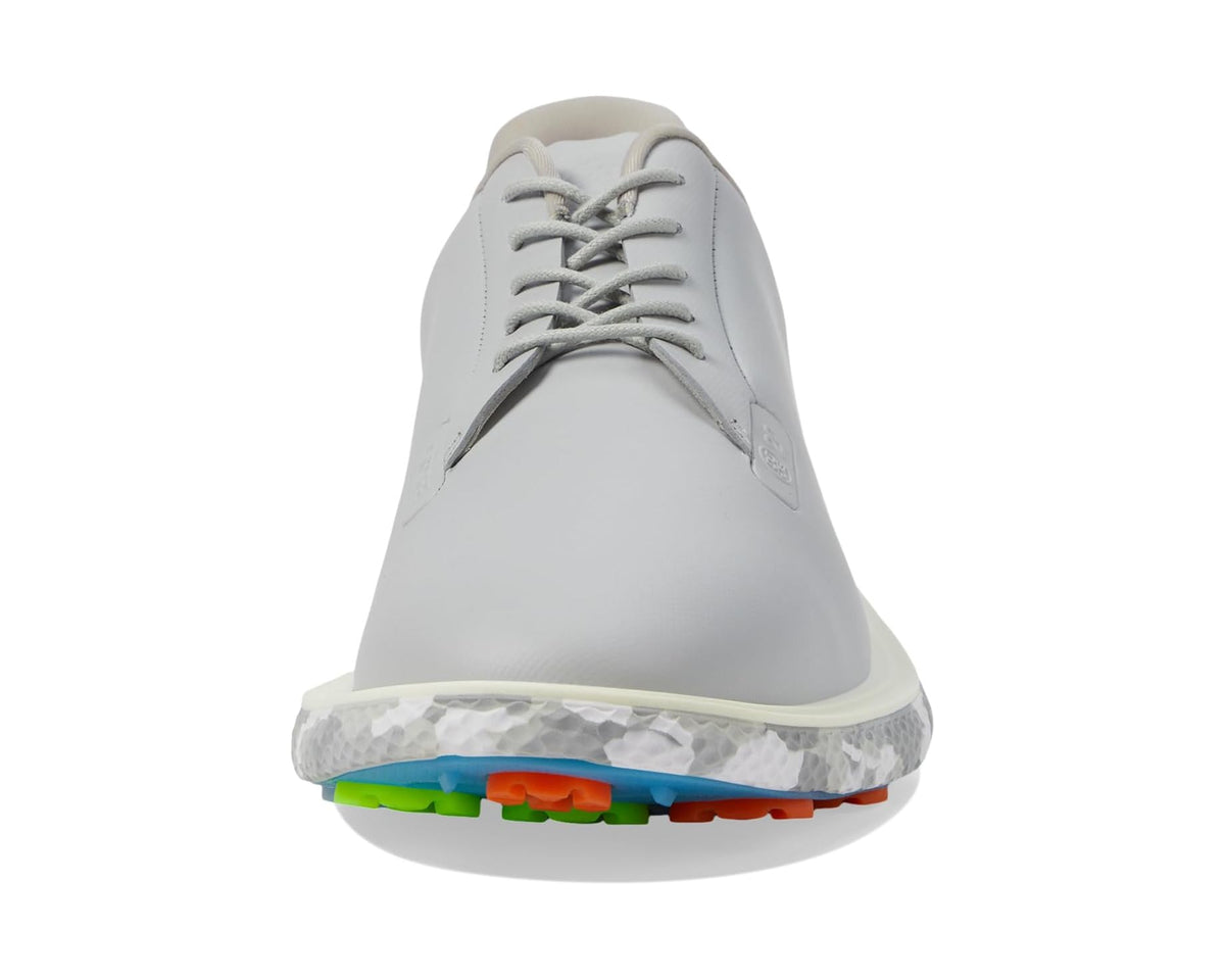 Men's light gray lace-up golf shoe with low-cut design and colorful edge outsole