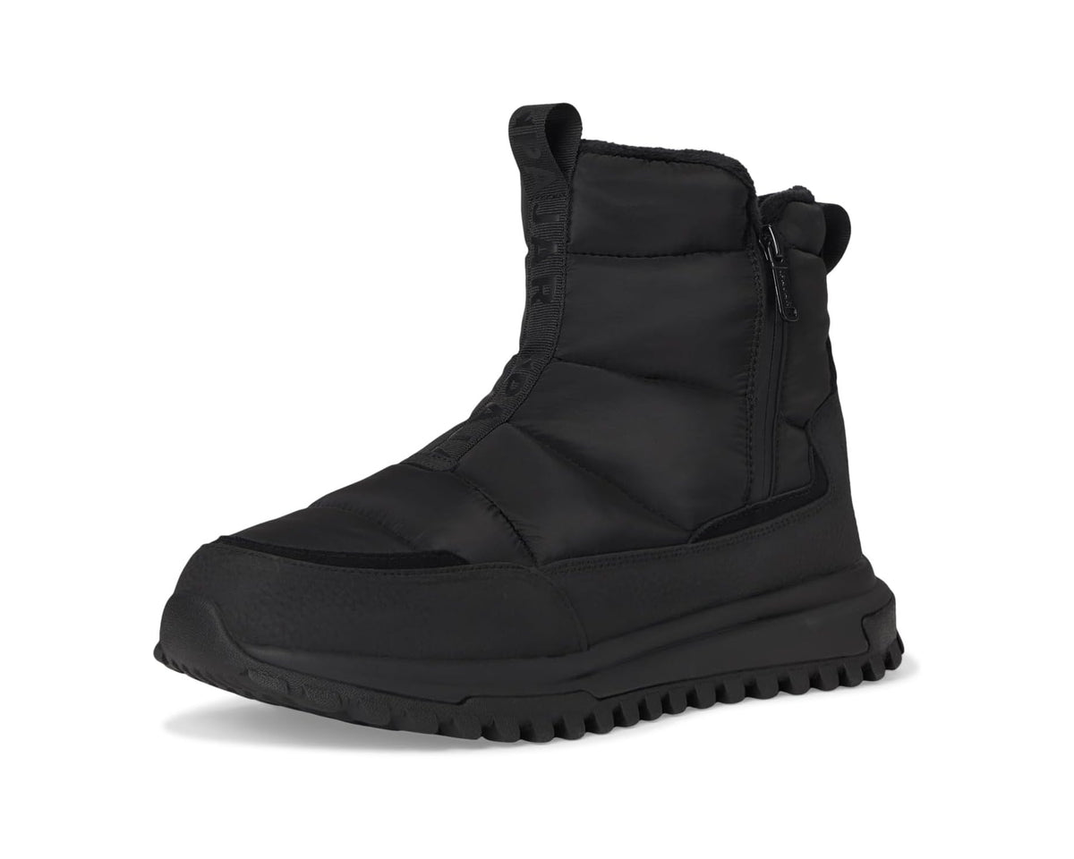 Black mid-ankle boot with padded shaft, zip front, and textured outsole.