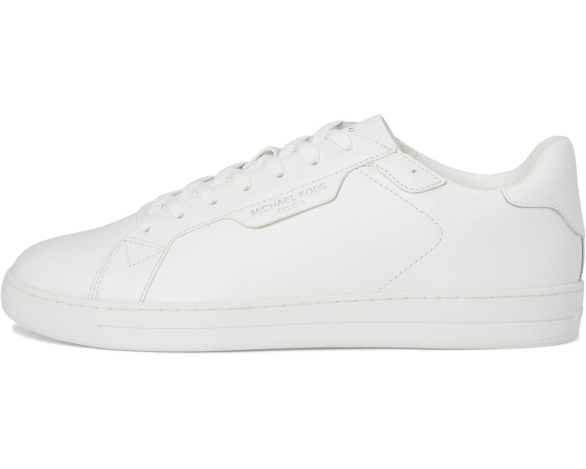 Optic white lace-up leather sneakers with stitched panels and side logo detail