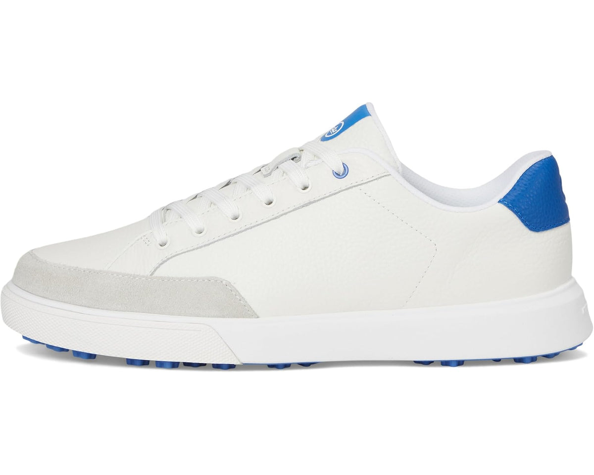 Men's leather hybrid course shoes, white with blue heel trim, lace-up