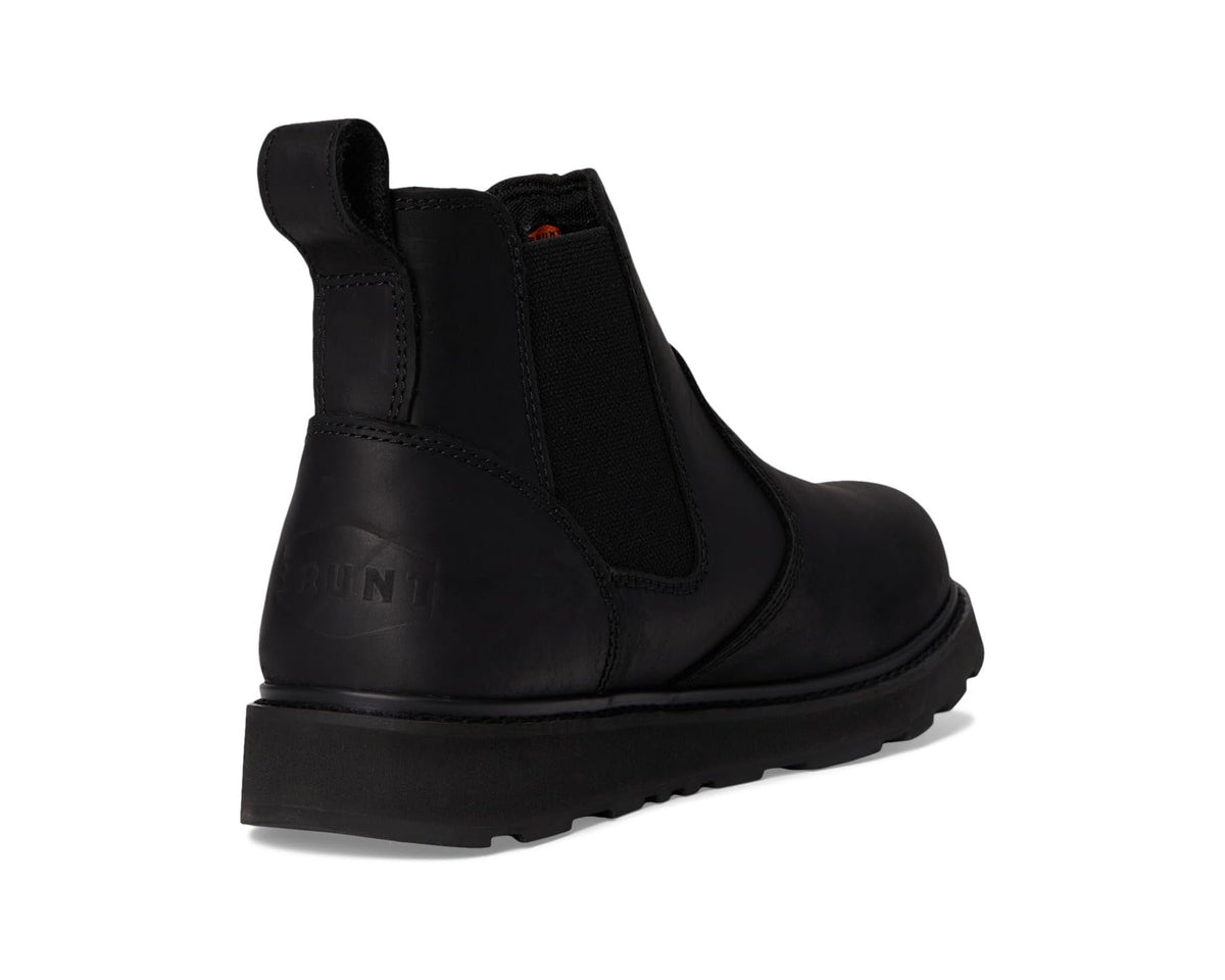 Black BRUNT Ohman soft-toe chelsea boot rear view with pull loop and flat sole