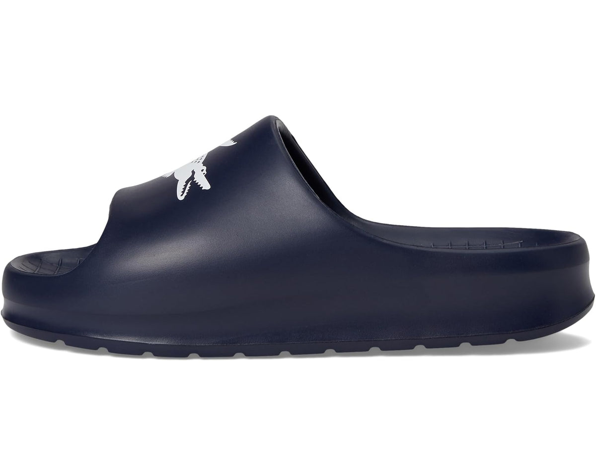 Men's Lacoste navy slide sandals with white croc emblem on upper and molded sole
