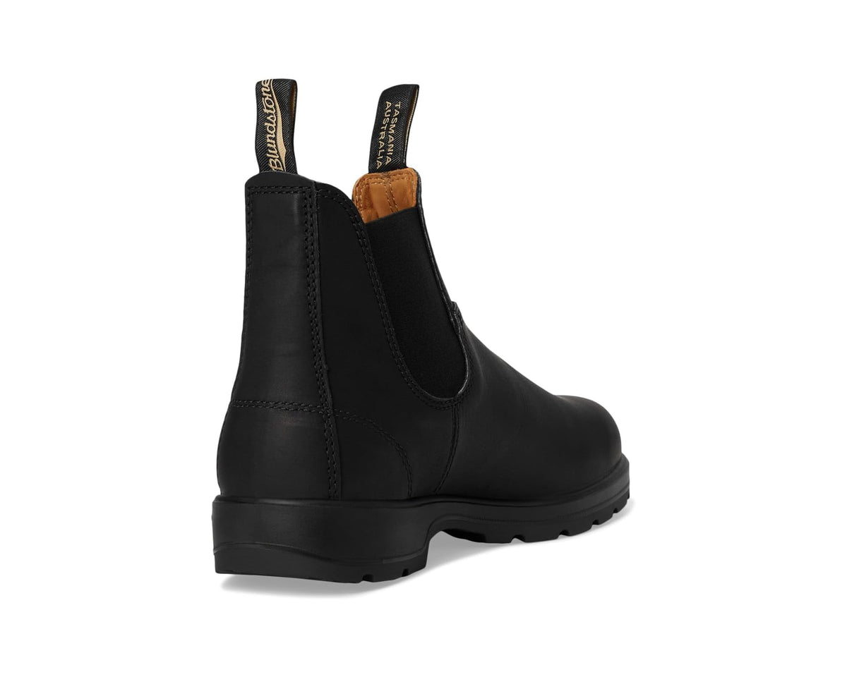 Black Chelsea boots rear view with stacked heel and treaded sole