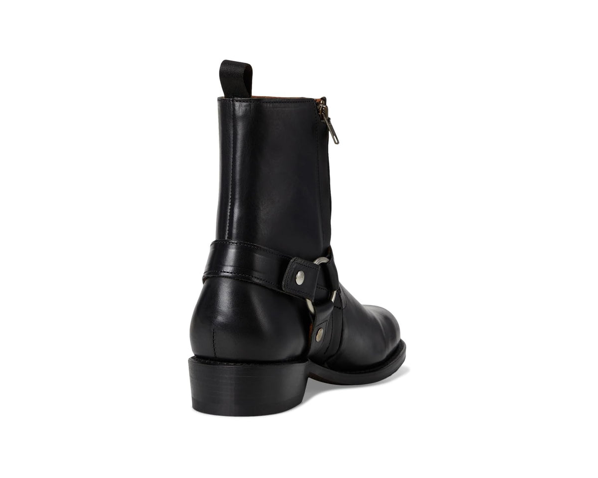 Black ankle boot rear view with back pull loop and stacked leather heel