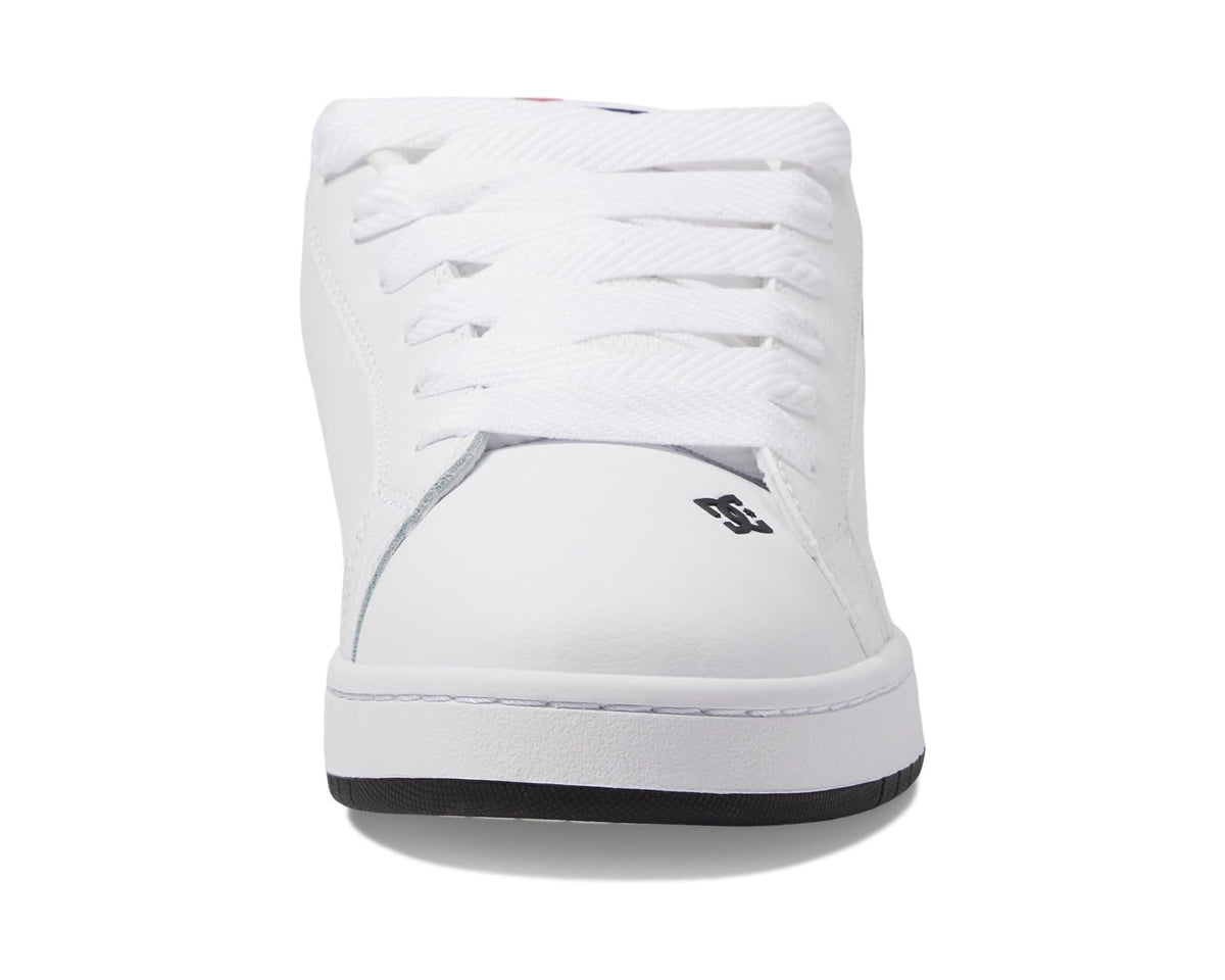 White lace-up sneakers with padded collar and small black logo on heel