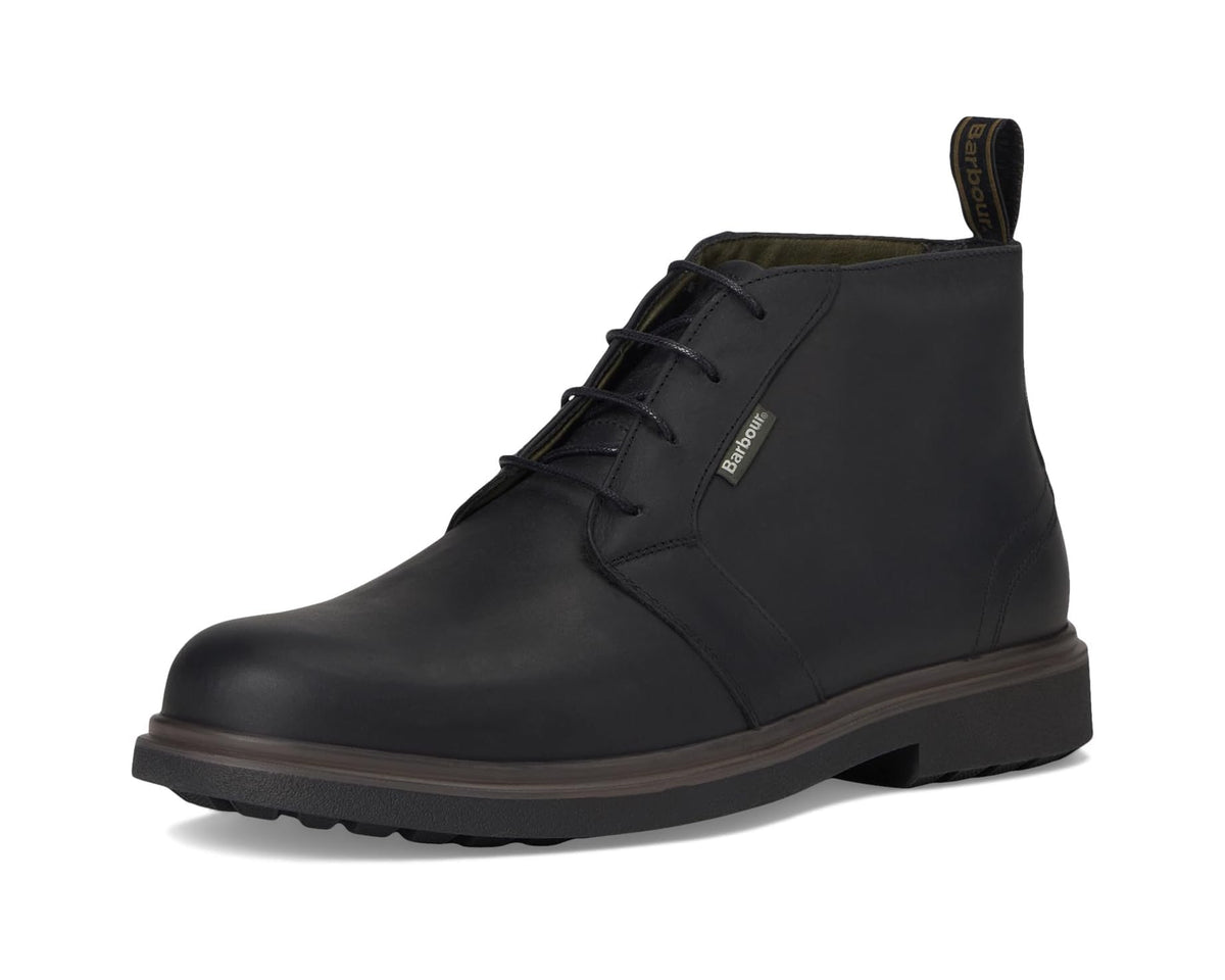 Black chukka boots side view with lace-up and ankle collar pull tab