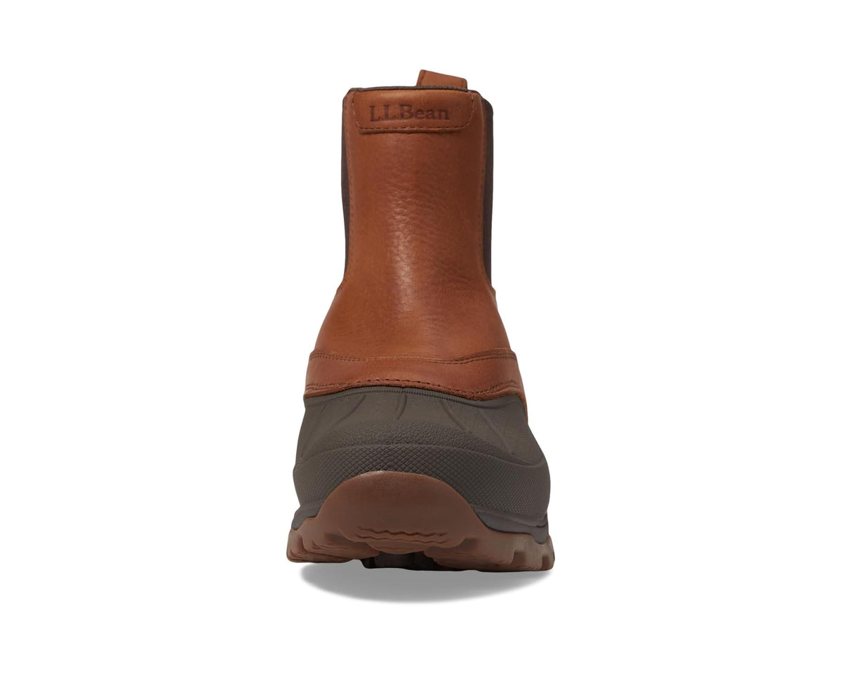 Back view of L.L.Bean chelsea boots, oakwood brown leather with dark heel tread