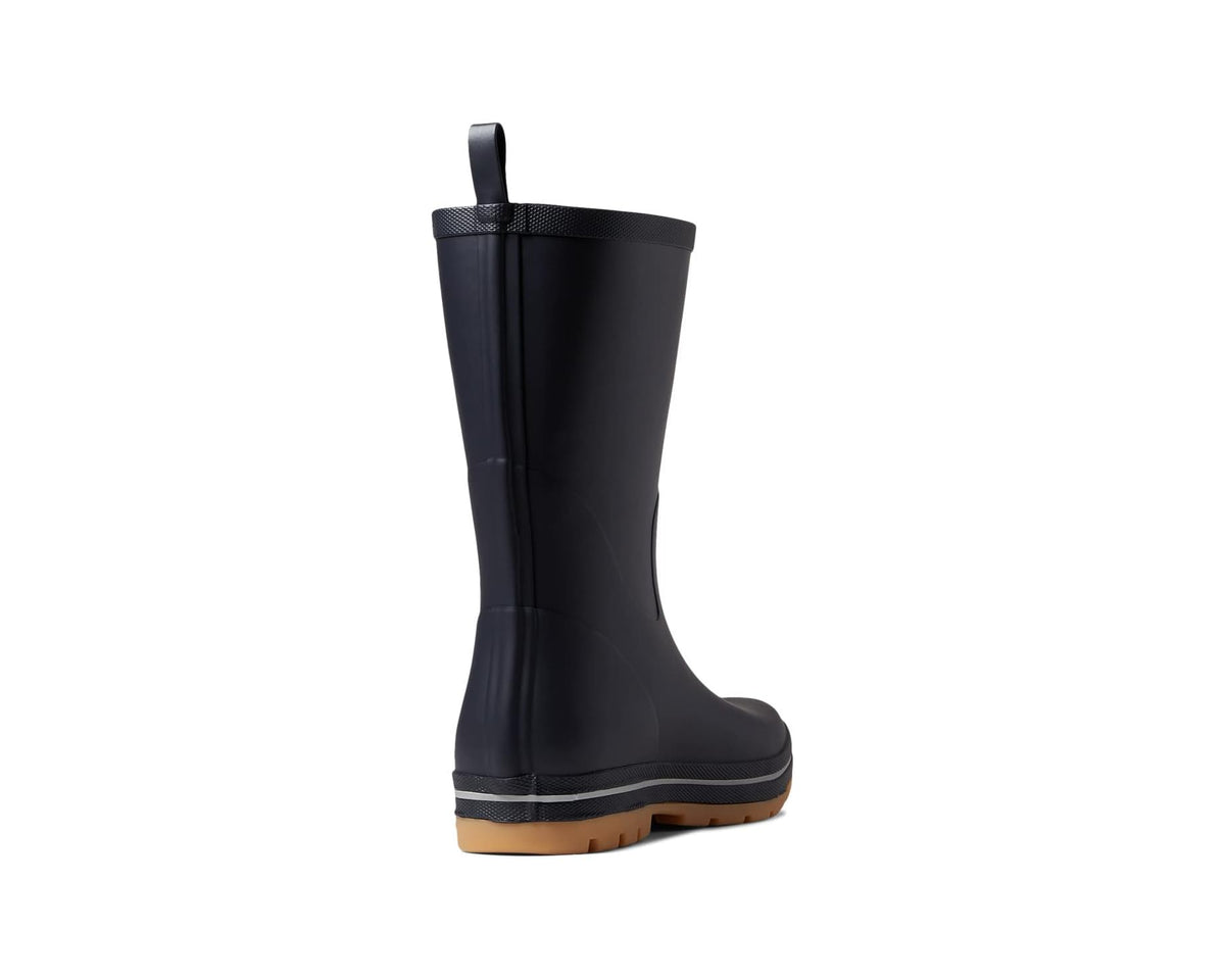 Men's dark navy pull-on rain boot rear view with contoured heel and base