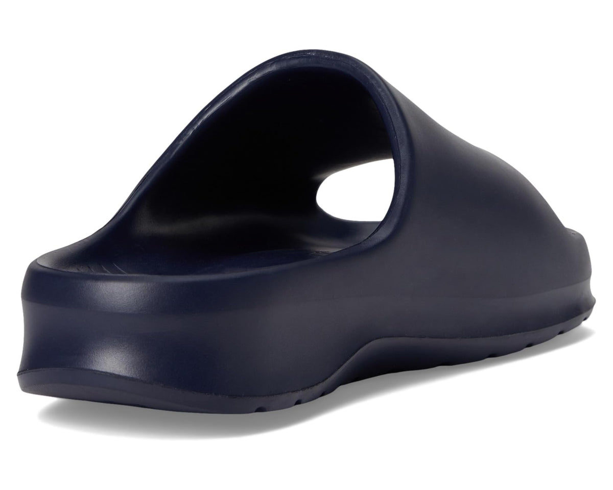 Men's Lacoste navy slide sandals with open heel and smooth molded footbed
