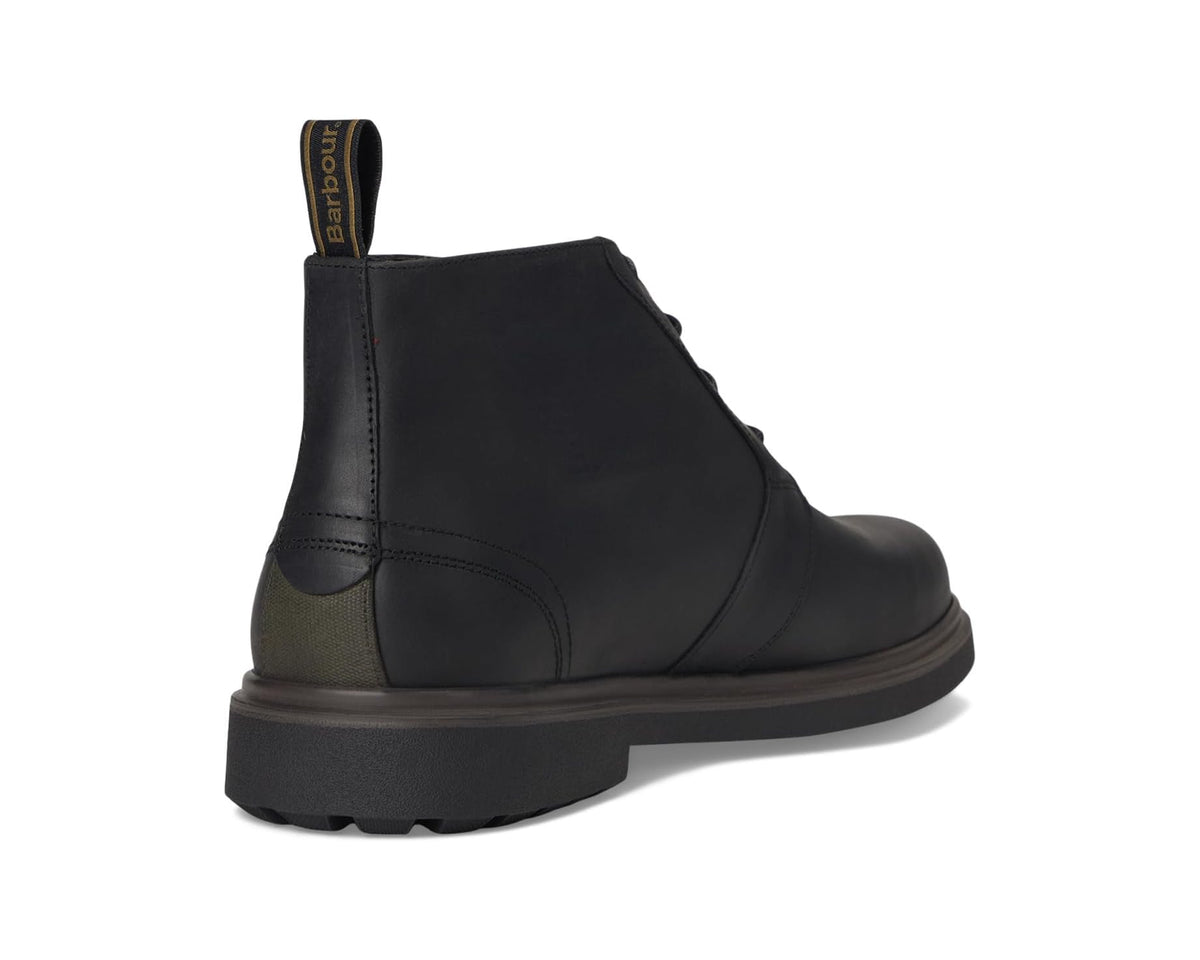 Black chukka boots heel and side view with Barbour logo label