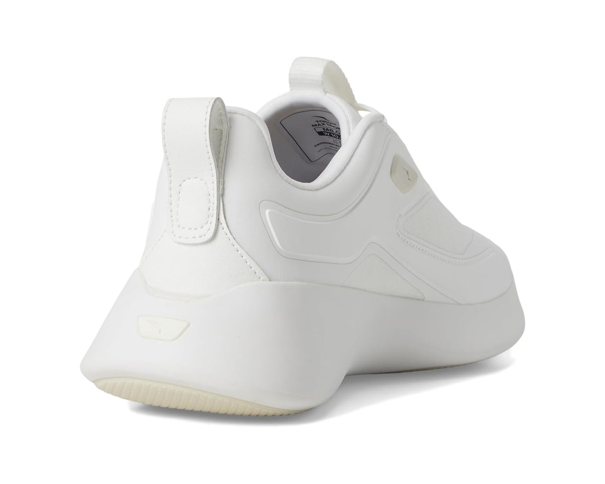 Unisex white sport sneakers, heel view with cushioned collar and pull tab