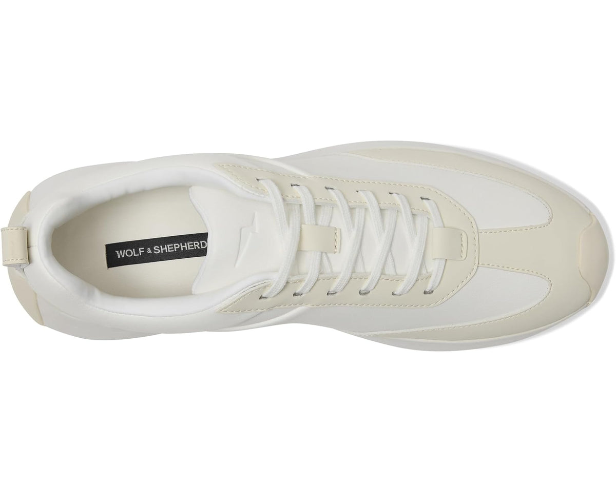 Off-white lace-up sneaker with side panel stitching and logo patch on tongue