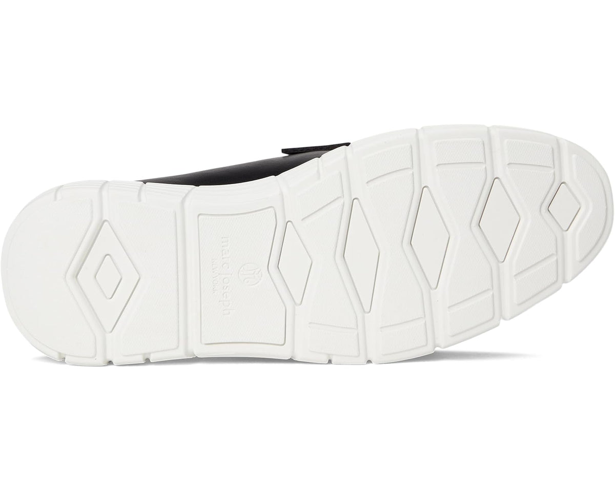 Men's black loafer outsole with tread pattern and white rubber sole