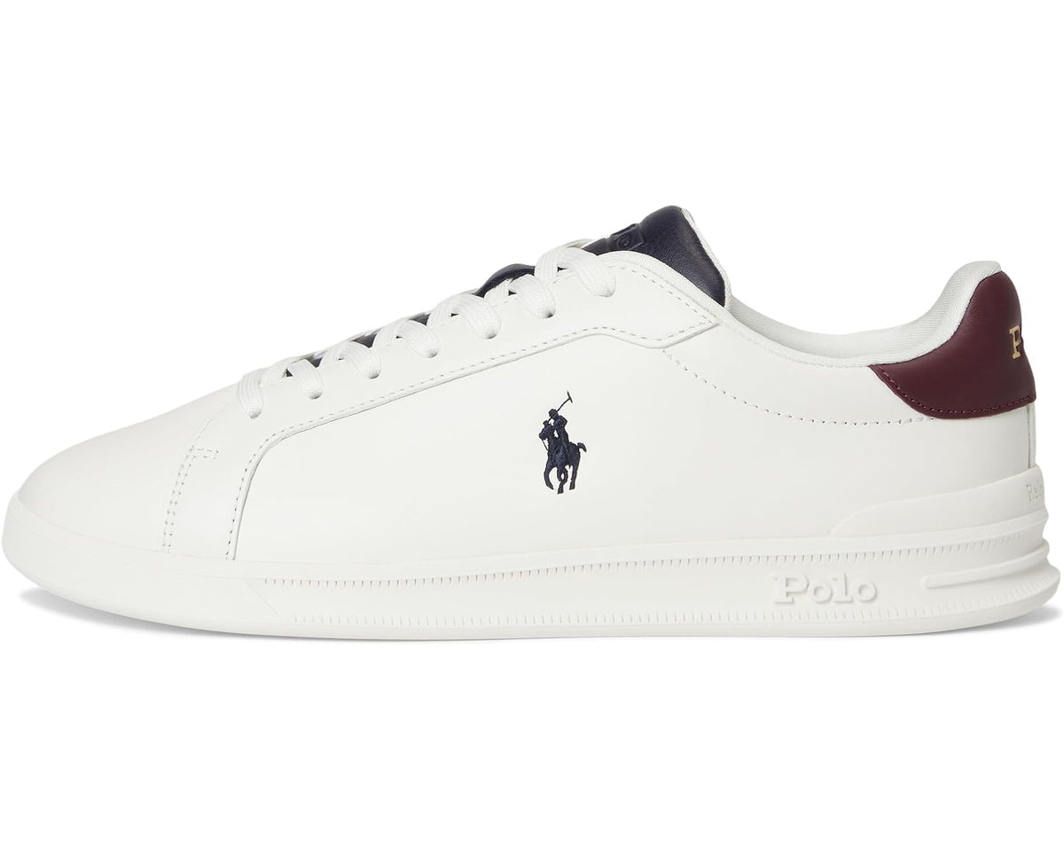 Men's Polo Ralph Lauren leather sneakers, off-white with navy collar and wine heel tab