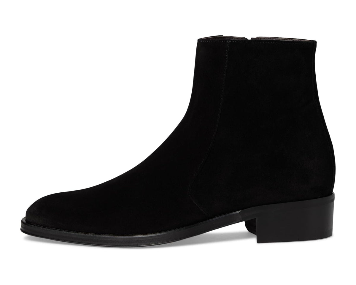 Black men's suede ankle boots, side profile with low block heel